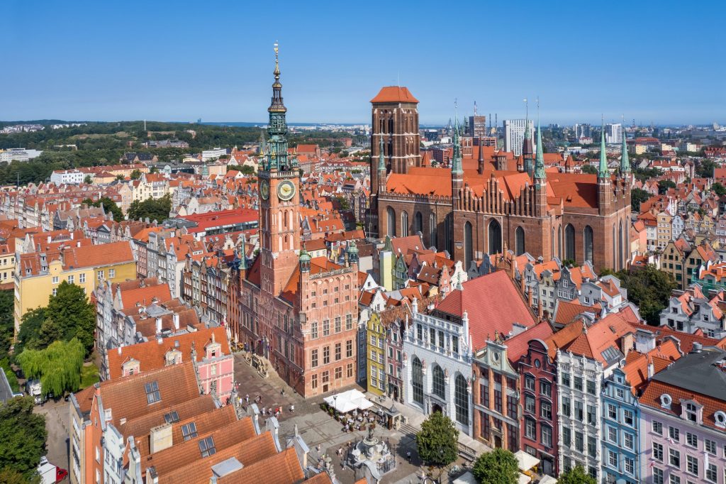 Aerial view of historic Town Hall in Gdansk, Poland