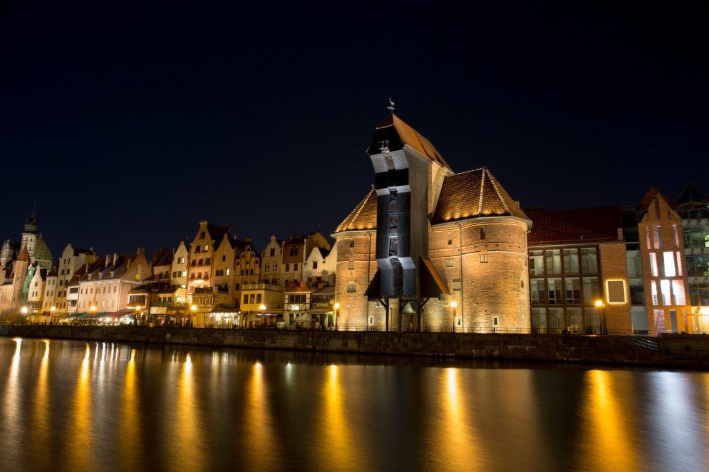Gdansk Old Town at night by the Motlawa river